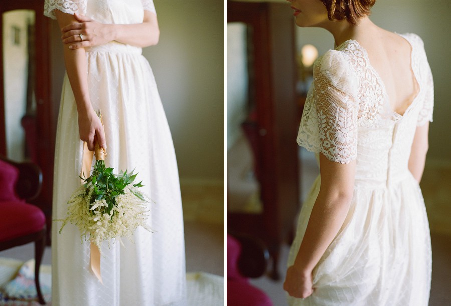 Retro lace wedding dress and Astilbe bouquet.