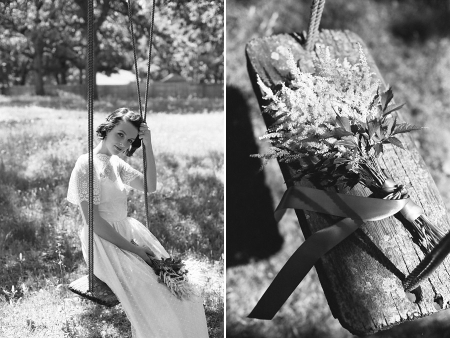 Farm retro Bridal portraits on film with Astilbe bouquet.