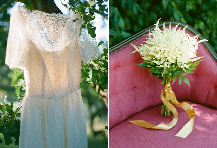 Retro wedding dress and Astilbe bouquet.